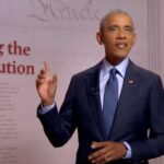 Former US President Barack Obama speaks by video feed during the virtual 2020 Democratic National Convention in Milwaukee, Wisconsin, on August 19.