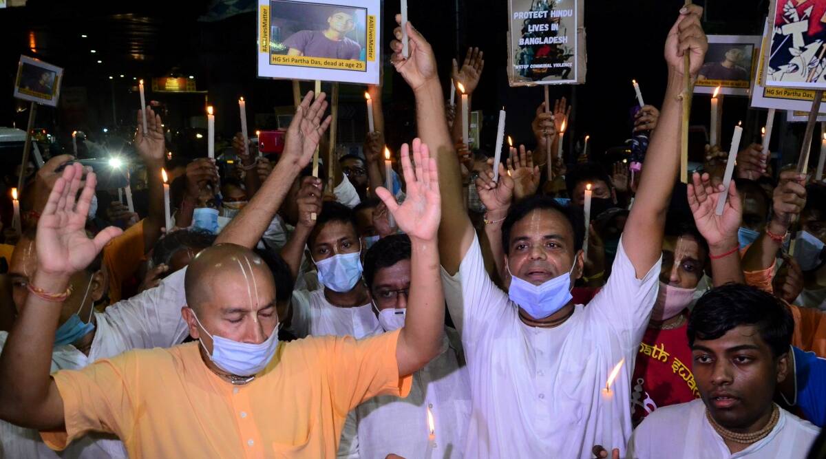 Iskcon members in Kolkata protest against the violence in Bangladesh on Sunday.