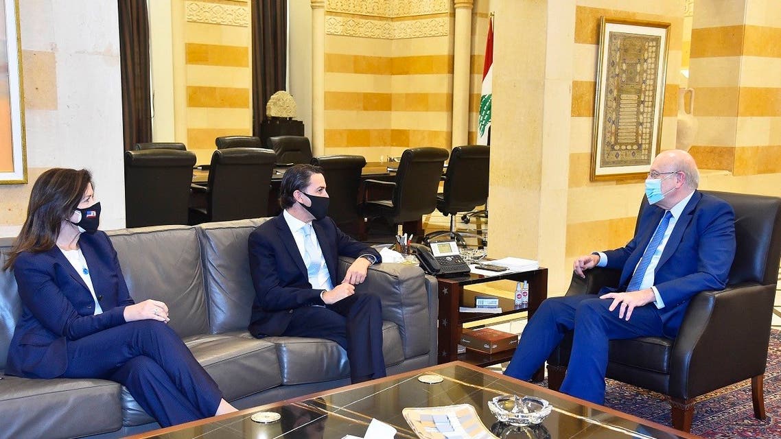Lebanon’s PM Najib Mikati meets with US Senior Advisor for Energy Security Amos Hochstein (C)and US Ambassador to Lebanon Dorothy Shea in Beirut.