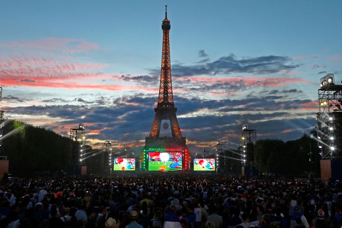Giant screens air the Euro 2016 final between Portugal and France at a “fan zone” erected in the shadow of the Eiffel Tower.