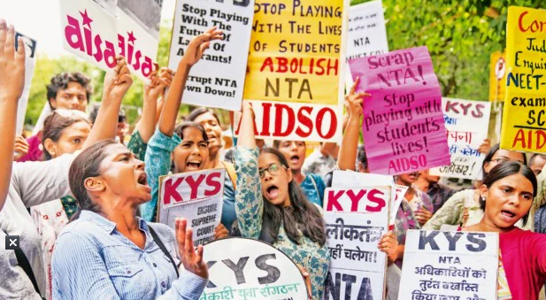 Protesters raise slogans during a demonstration against the alleged NEET-UG paper leak. Recent controversies over a few centrally conducted entrance tests have necessitated a review of systems around all such entrance tests.