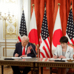 U.S. President Donald Trump and Japan’s Prime Minister Sanae Takaichi attend a signing ceremony for the U.S.–Japan trade agreement at Tokyo’s Akasaka Palace.