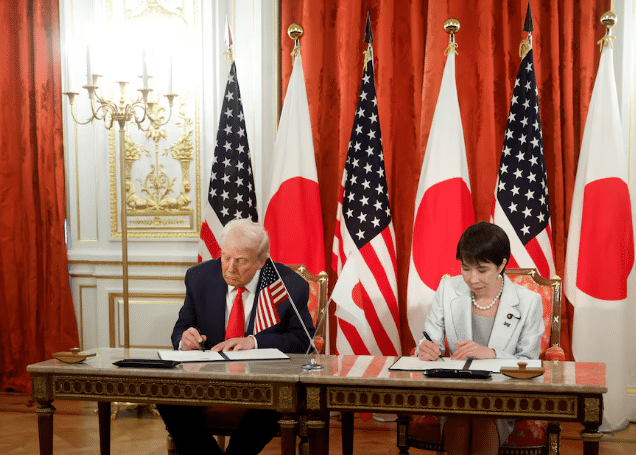 U.S. President Donald Trump and Japan’s Prime Minister Sanae Takaichi attend a signing ceremony for the U.S.–Japan trade agreement at Tokyo’s Akasaka Palace.