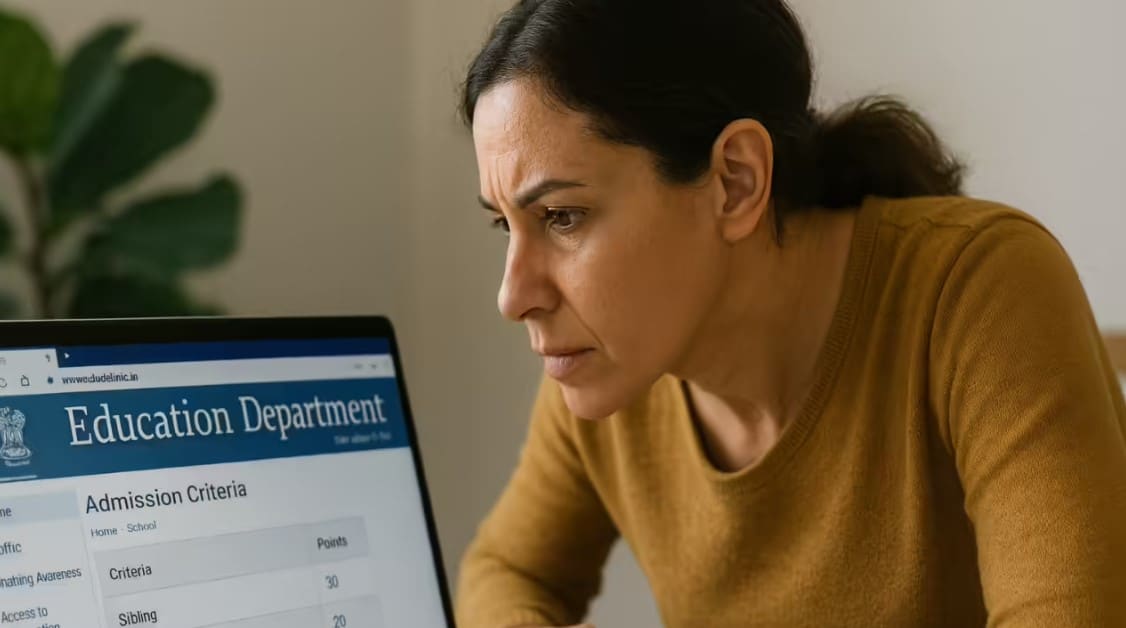 Parents and children reviewing school admission notices at a private school in Delhi.