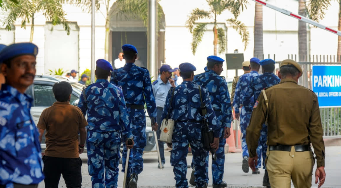 Security personnel screening the premises of Patiala House Court in New Delhi following a bomb threat on November 18, 2025