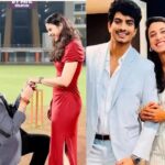 Smriti Mandhana and Palash Muchhal during a public appearance, smiling and posing together.