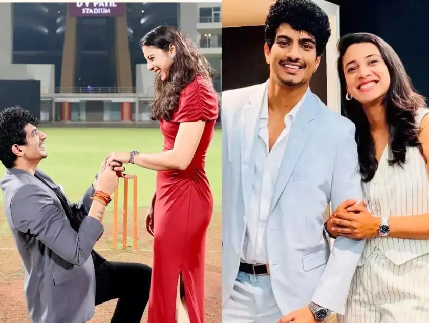 Smriti Mandhana and Palash Muchhal during a public appearance, smiling and posing together.