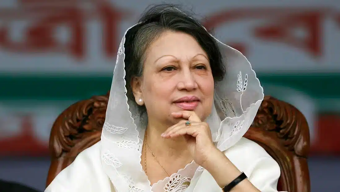 Khaleda Zia, former Prime Minister of Bangladesh, speaking at a public event in Dhaka.