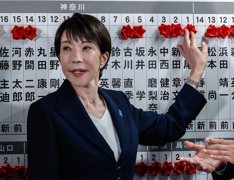 Japanese Prime Minister Sanae Takaichi during a televised interview at the LDP headquarters in Tokyo.