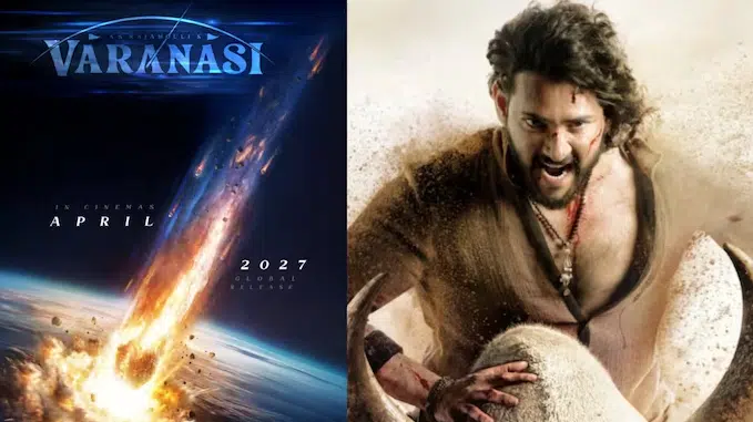 Poster of SS Rajamouli’s film Varanasi showing a meteor approaching Earth, starring Mahesh Babu.