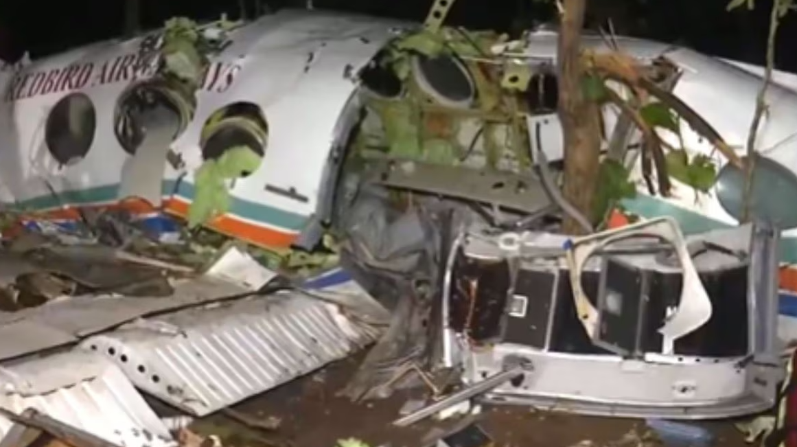 Debris of an air ambulance aircraft that crashed in Jharkhand while flying to Delhi with seven people on board.