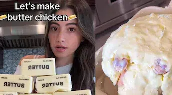 Vlogger making literal butter chicken by coating a whole chicken with 10 sticks of butter and cooking it in a microwave.