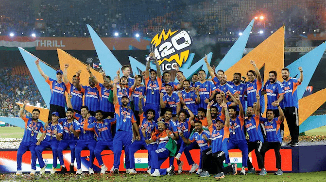 India players celebrate after winning the ICC Men's T20 World Cup final against New Zealand at Narendra Modi Stadium in Ahmedabad.
