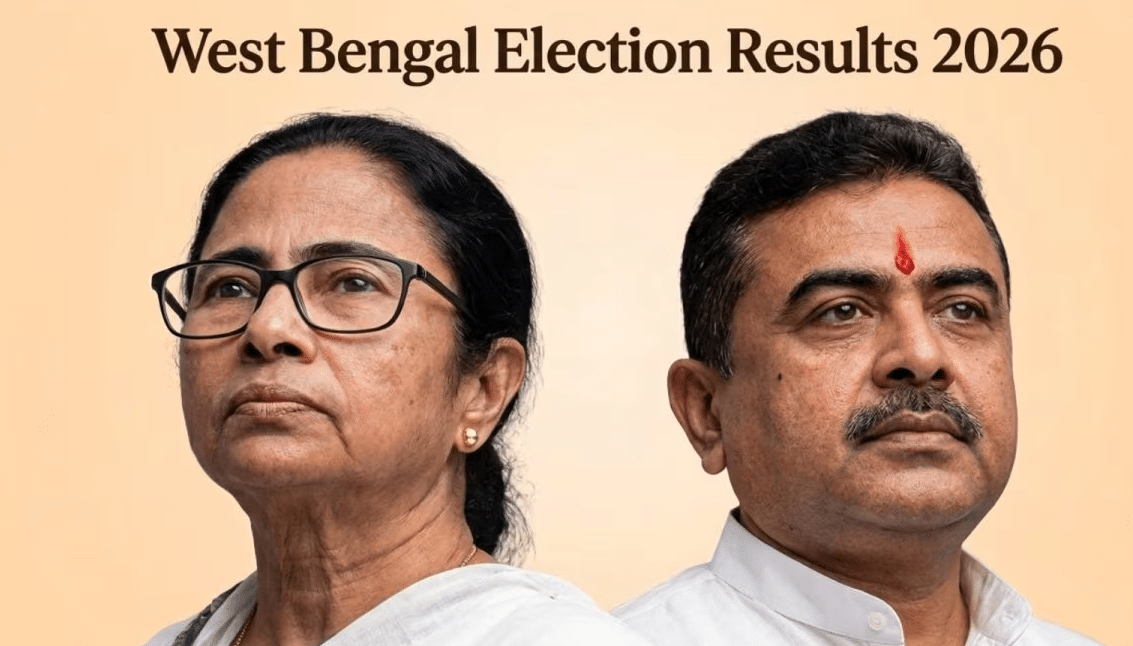 West Bengal election 2026 live counting update showing BJP leading past majority mark in early trends with political shift visuals