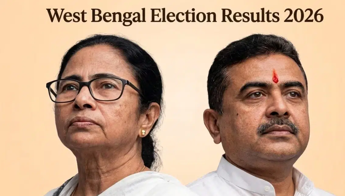 West Bengal election 2026 live counting update showing BJP leading past majority mark in early trends with political shift visuals